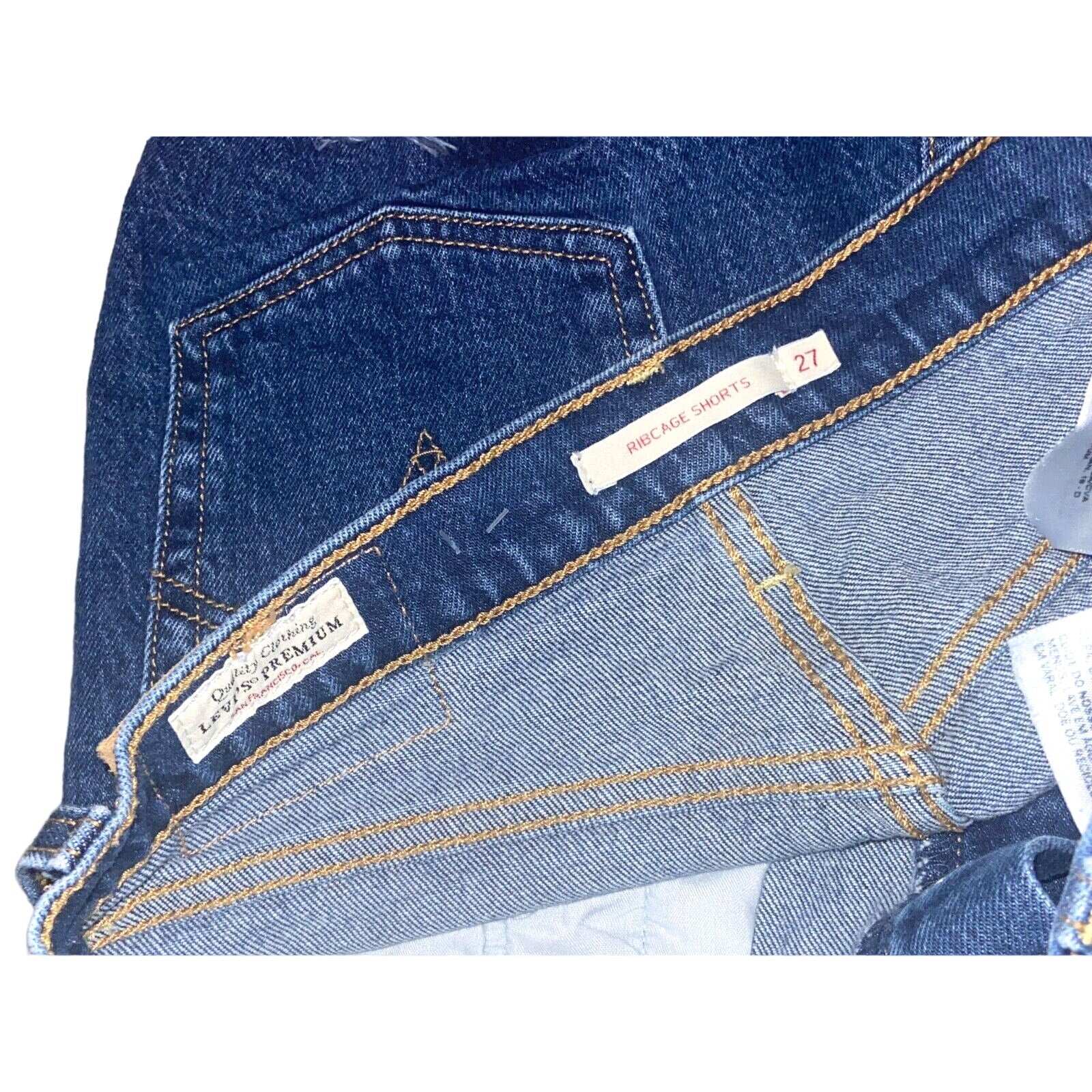 501 LEVI's Premium RIBCAGE Big E Button Fly Distressed Cut Off Jean Shorts Sz 27