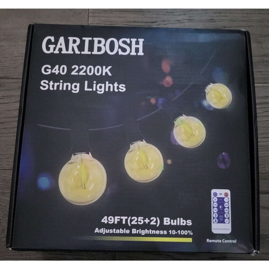 Garibosh Solar String Lights 49' G40 2200K Warm White w/Remote Adjustable Bright