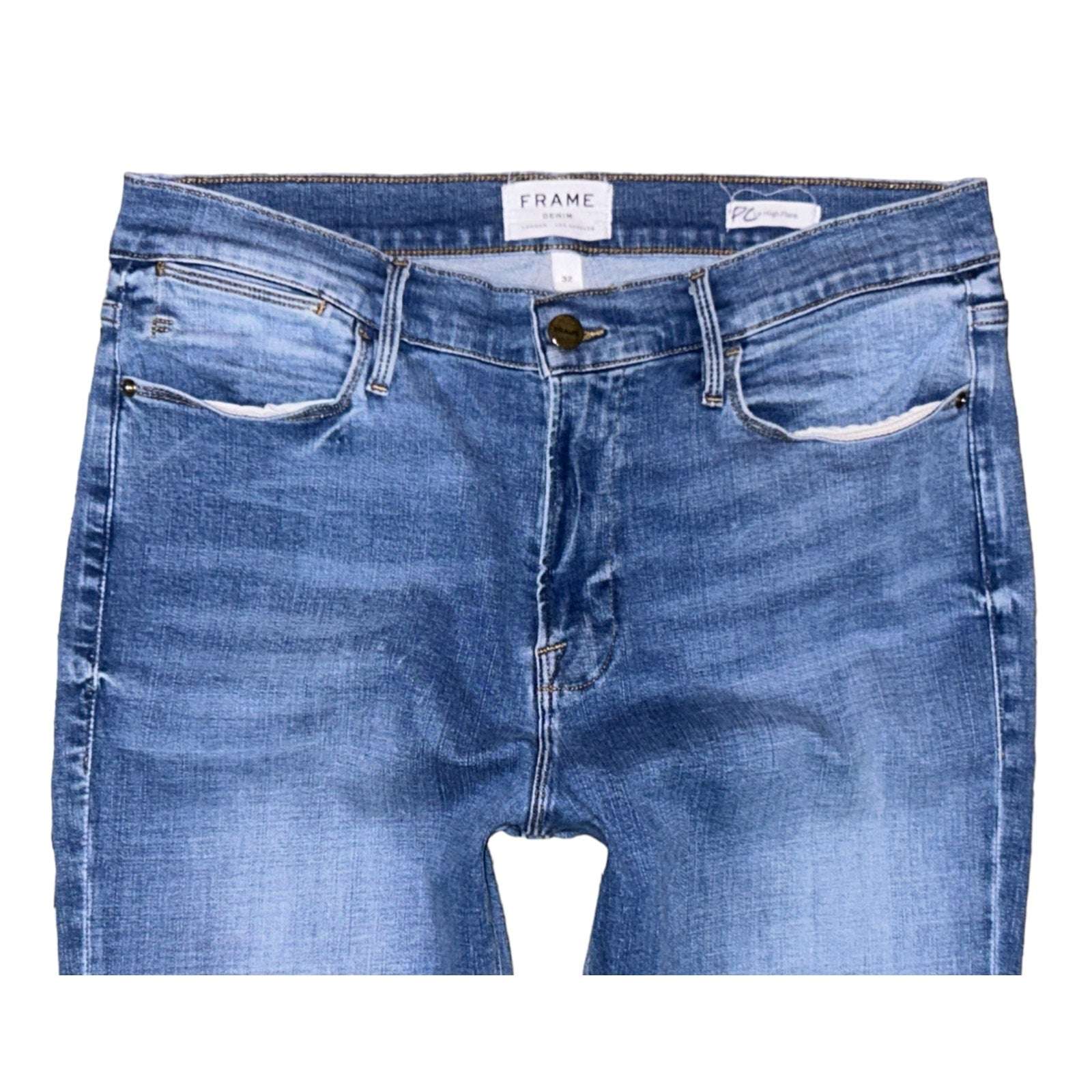 FRAME Le High Rise Flare Undone Raw Fray Hem Jeans in Columbus Blue Size 32