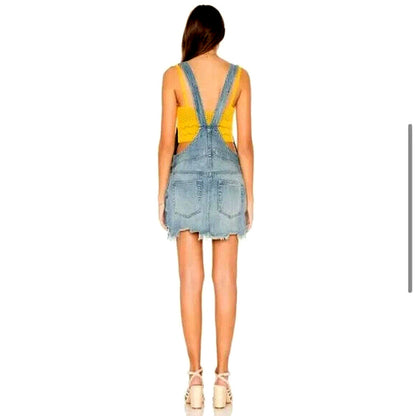 FREE PEOPLE Distressed Overall Denim Jean Dress w/ Frayed Hem Size 4
