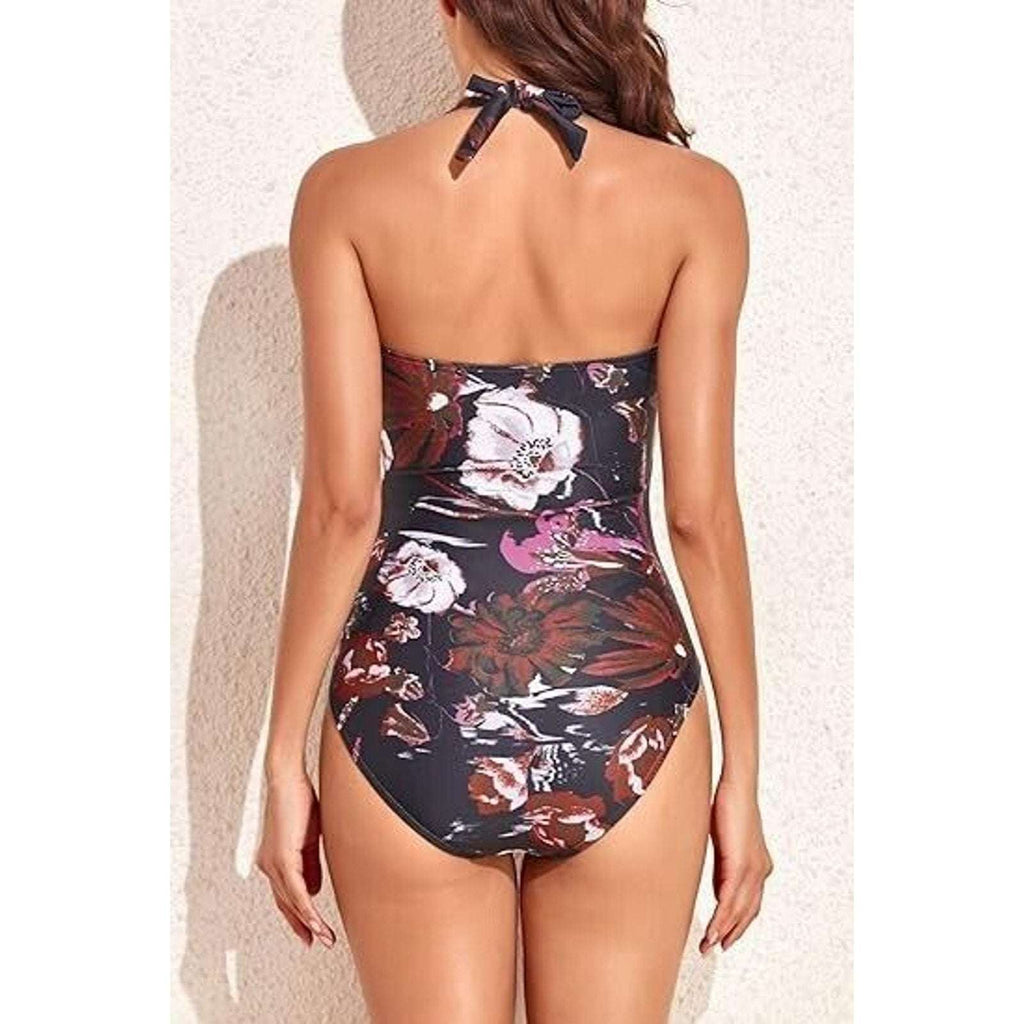 Smismivo Tummy Control Halter One Piece Ruched Slimming Vintage Retro Swimsuit L