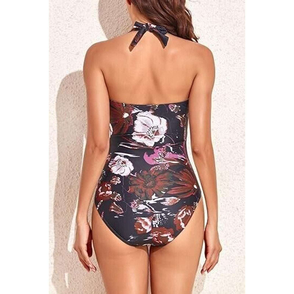Smismivo Tummy Control Halter One Piece Ruched Slimming Vintage Retro Swimsuit L