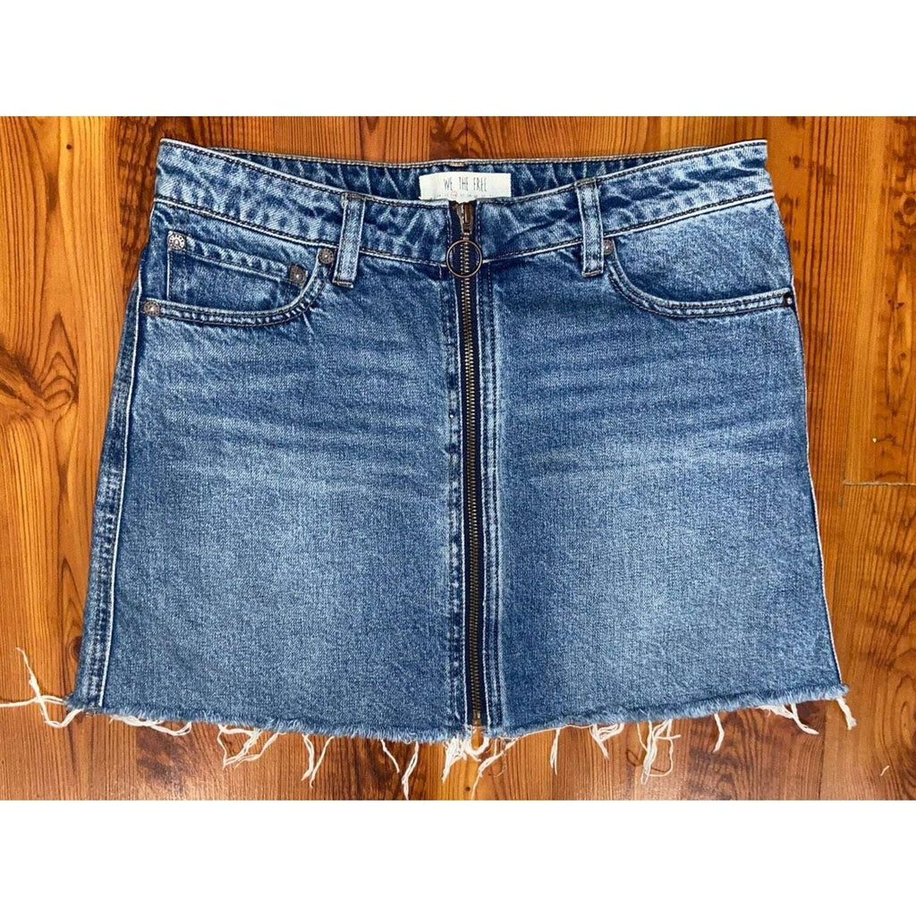 WE THE FREE Front Zip Mini Distressed Fray Hem Denim Jean Skirt Sz 26