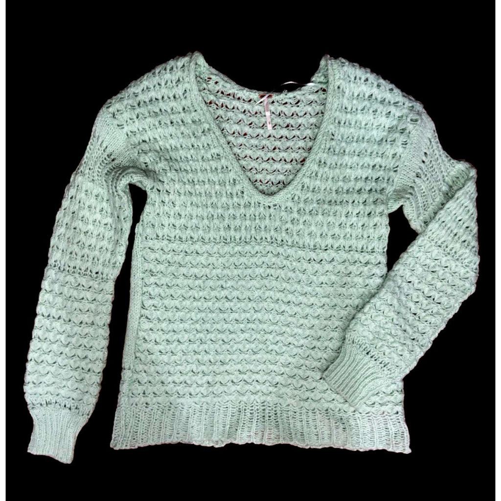 Free People Crashing Waves Mint Green Over Sized Off Shoulder Sweater Sz Small