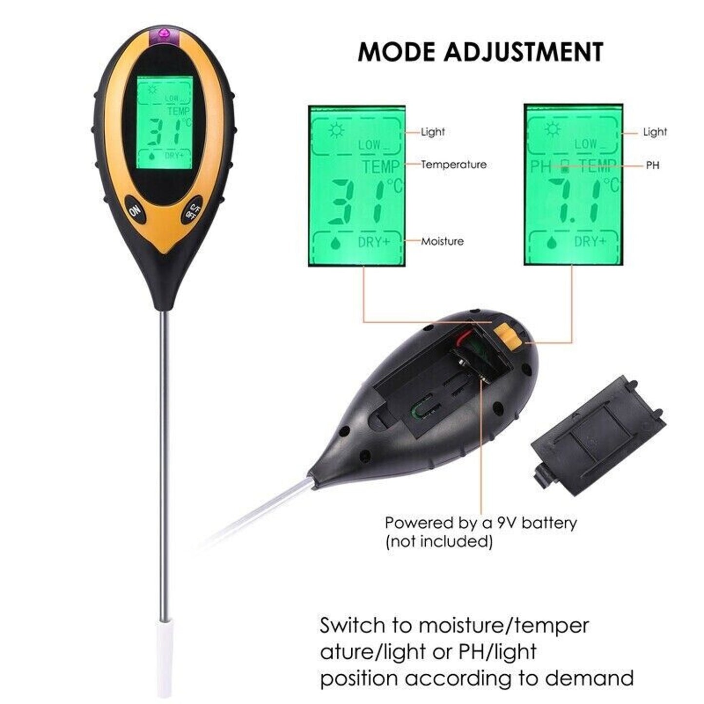 4-in-1 Soil Tester Meter Garden Lawn Plant Moisture/Light/Ph/Temp Sensor Tool