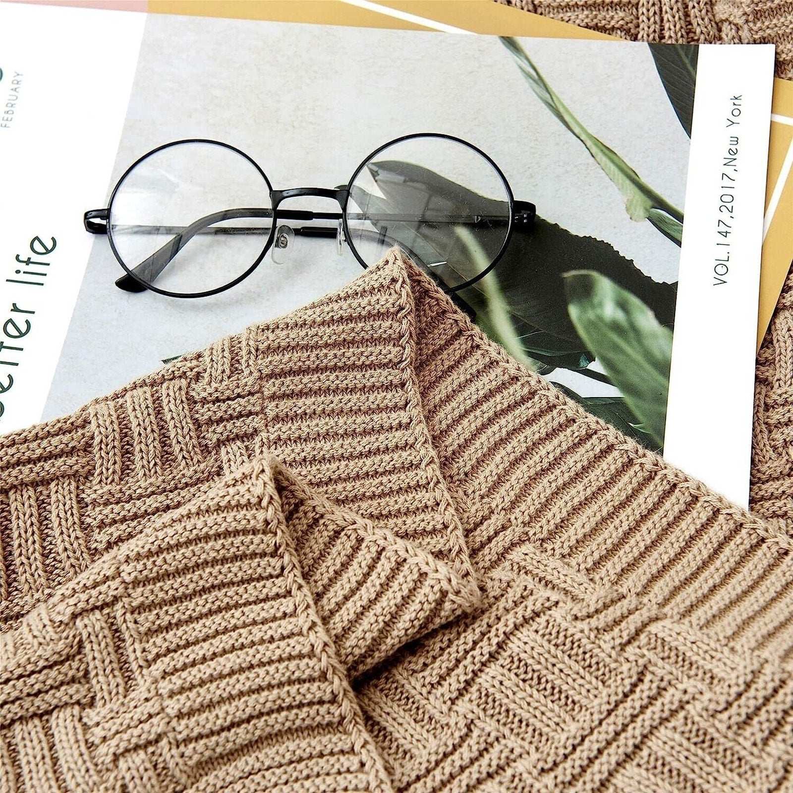 LONGHUI Khaki Cable Knit Soft & Cozy Throw Blanket, Bedding, Home Decor