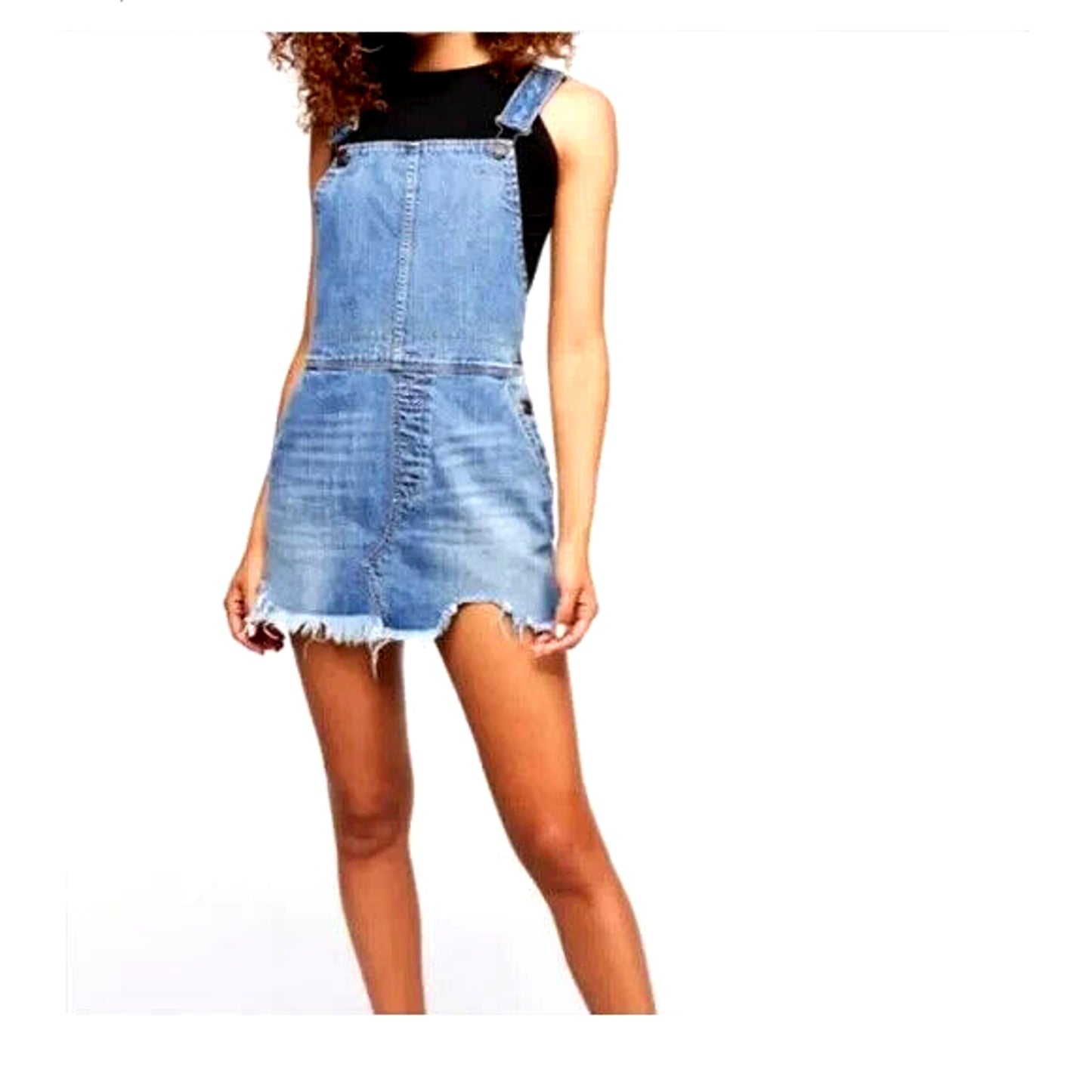 FREE PEOPLE Distressed Overall Denim Jean Dress w/ Frayed Hem Size 4