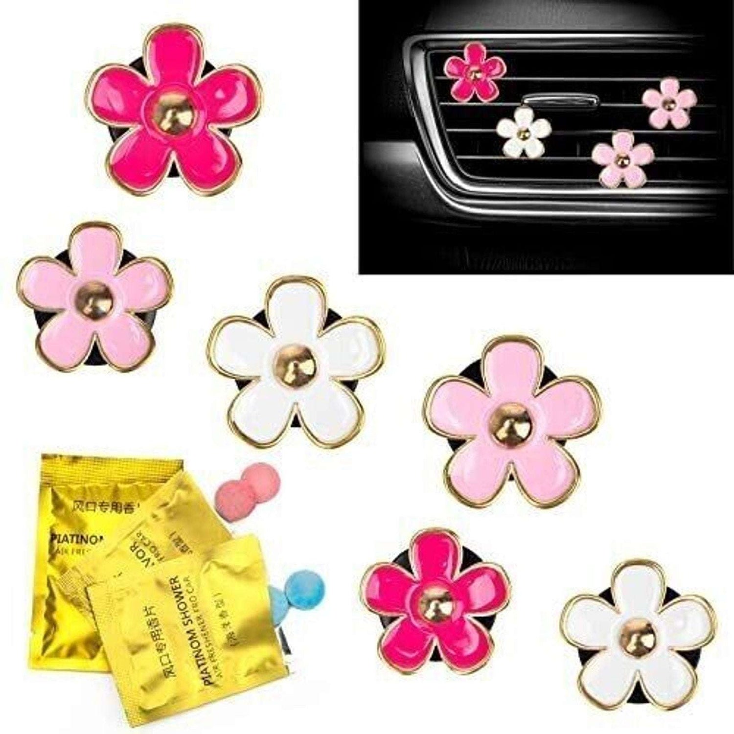 6 Daisy Flower Air Vent Clips Cute Air Freshener Car Charm +12 Fragrance Tablets