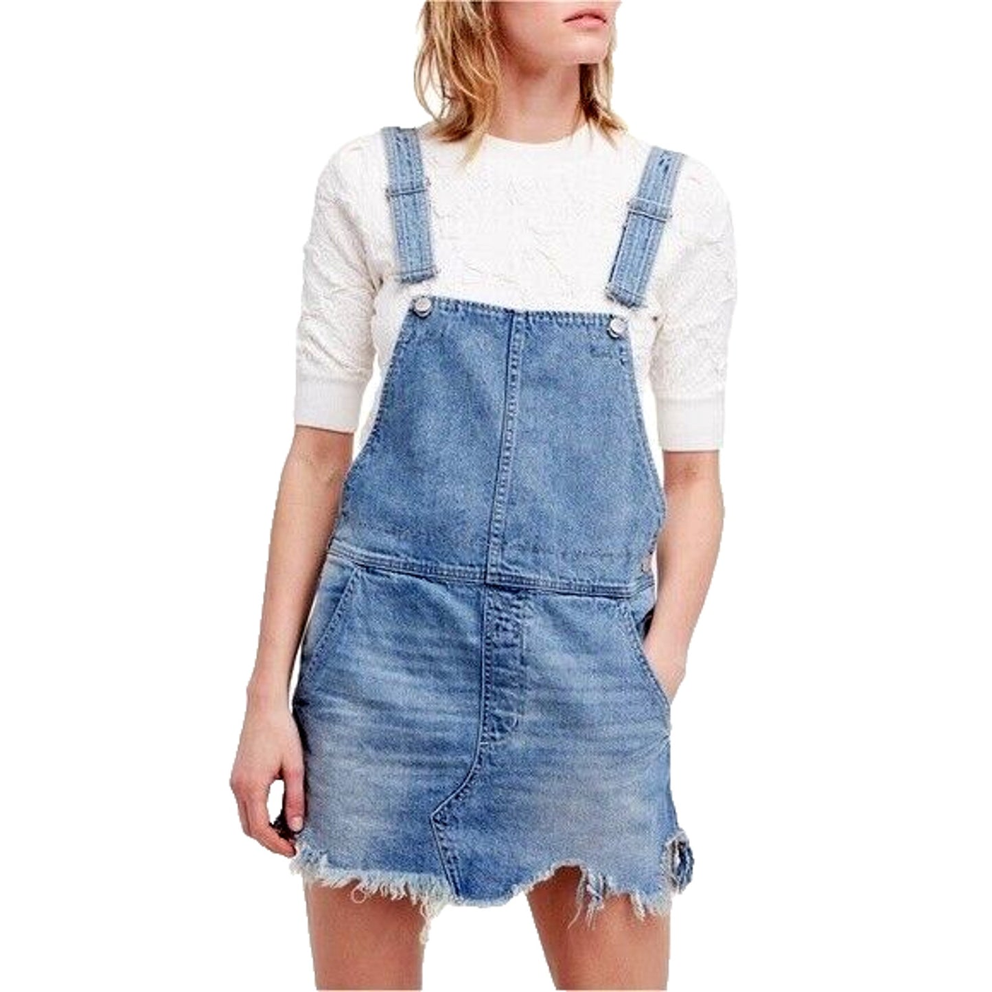 FREE PEOPLE Distressed Overall Denim Jean Dress w/ Frayed Hem Size 4