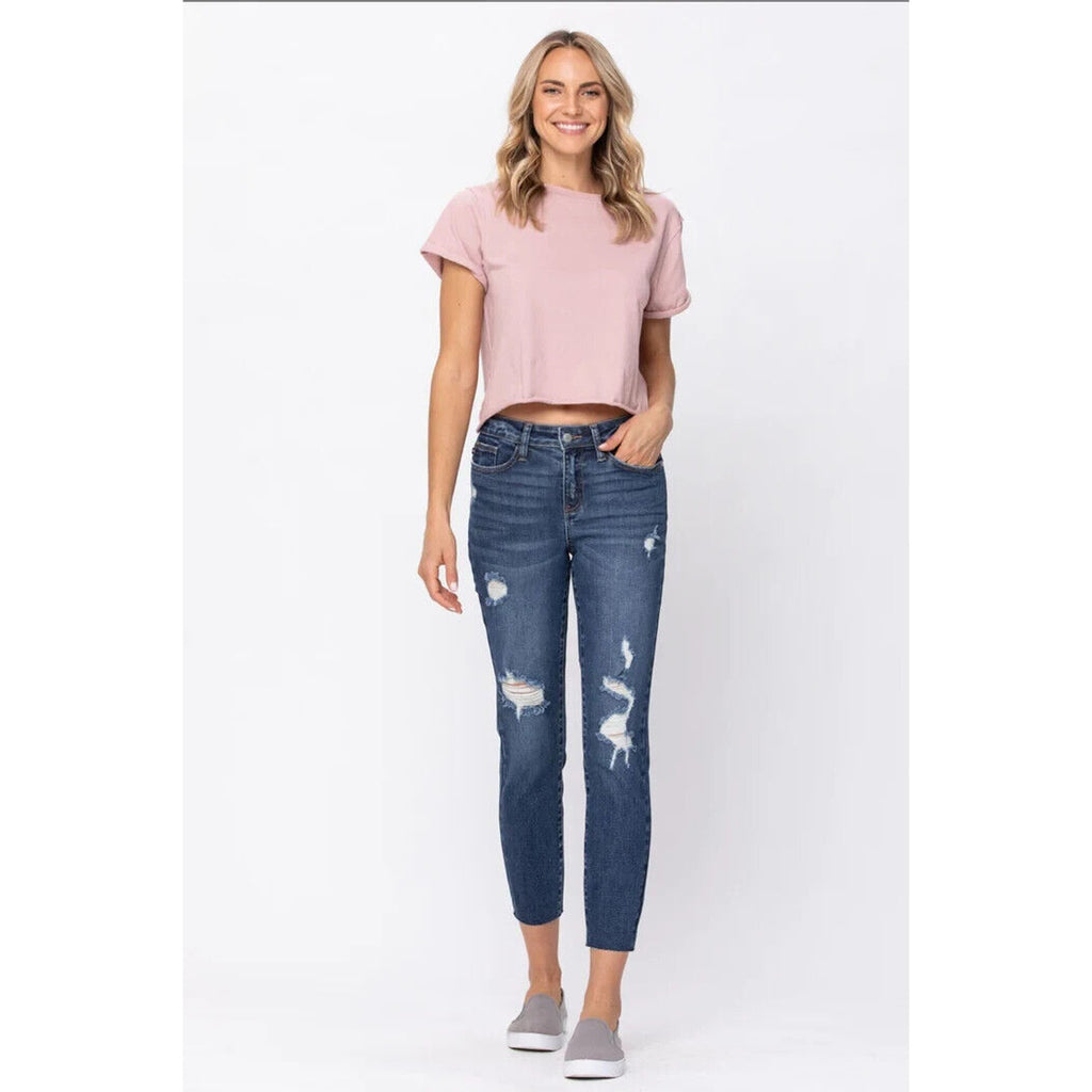 Judy Blue Relaxed Fit Skinny Leg Ripped Distressed Raw Fray Hem Jean Size 3 / 26