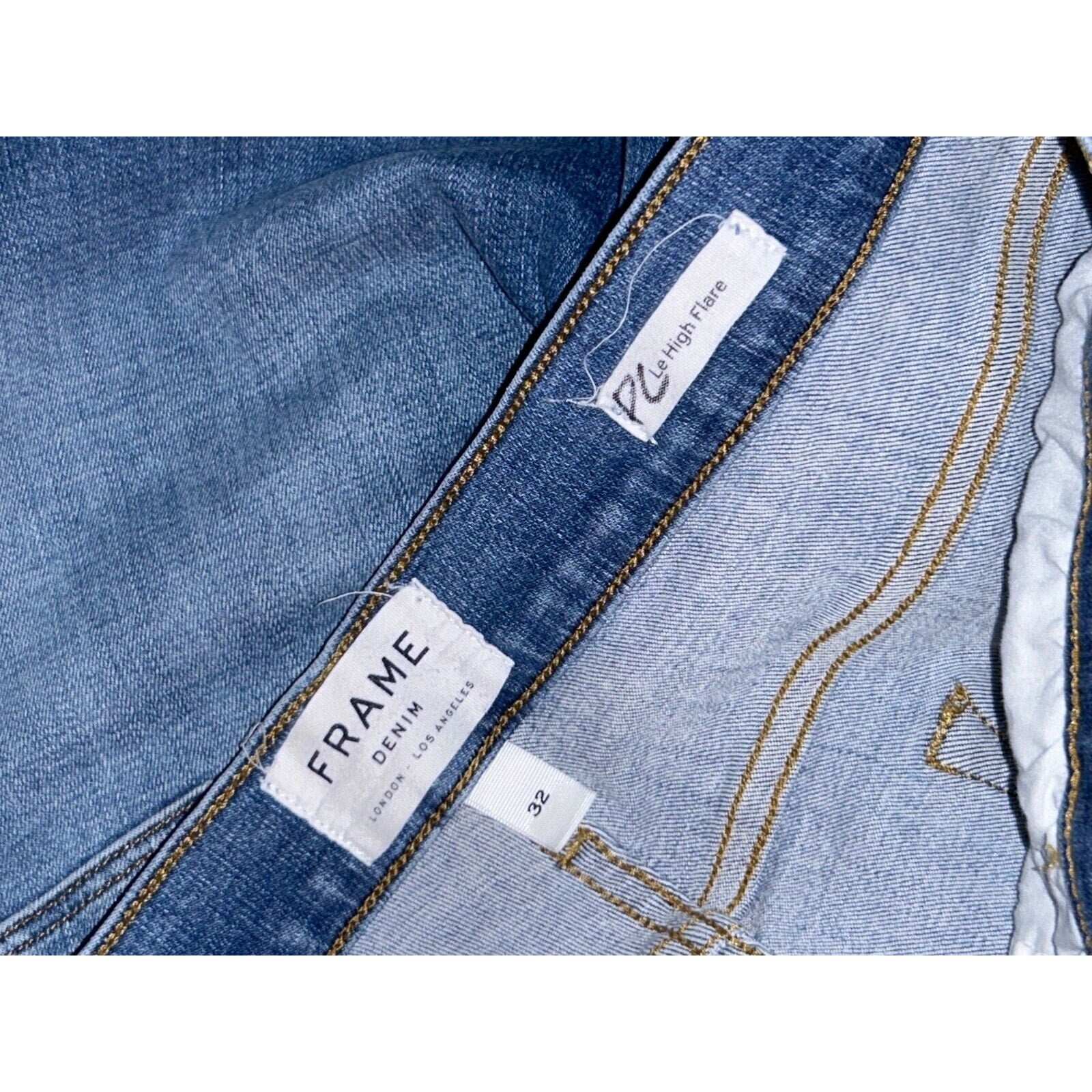 FRAME Le High Rise Flare Undone Raw Fray Hem Jeans in Columbus Blue Size 32