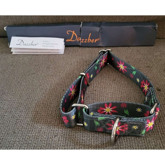 Dazzber 1" Wide Martingale Dog Collar - GraphiteFlower Collar Medium 14" to 21"