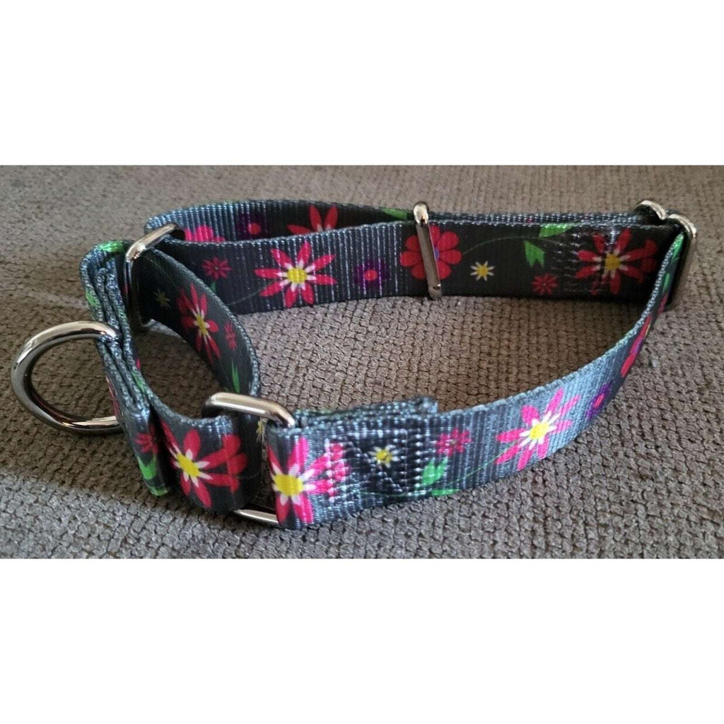 Dazzber 1" Wide Martingale Dog Collar - GraphiteFlower Collar Medium 14" to 21"