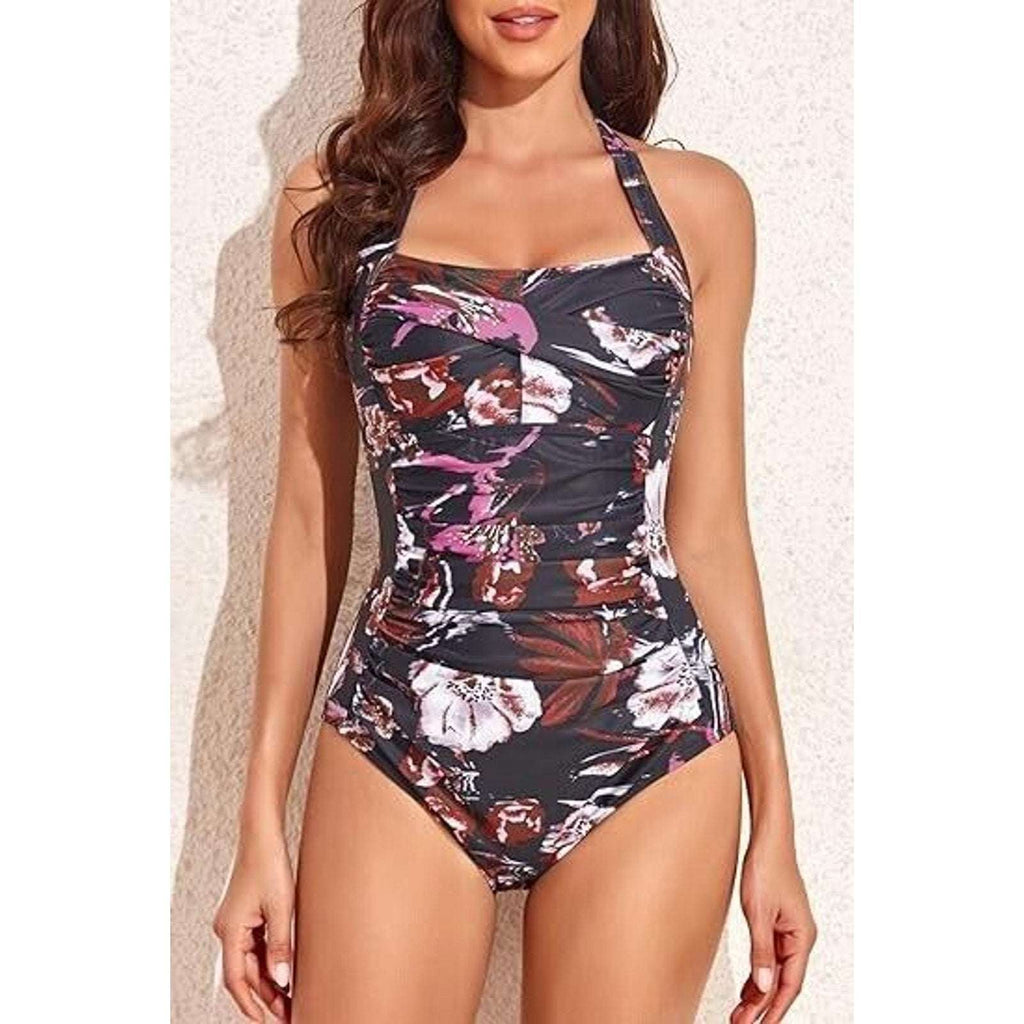 Smismivo Tummy Control Halter One Piece Ruched Slimming Vintage Retro Swimsuit L