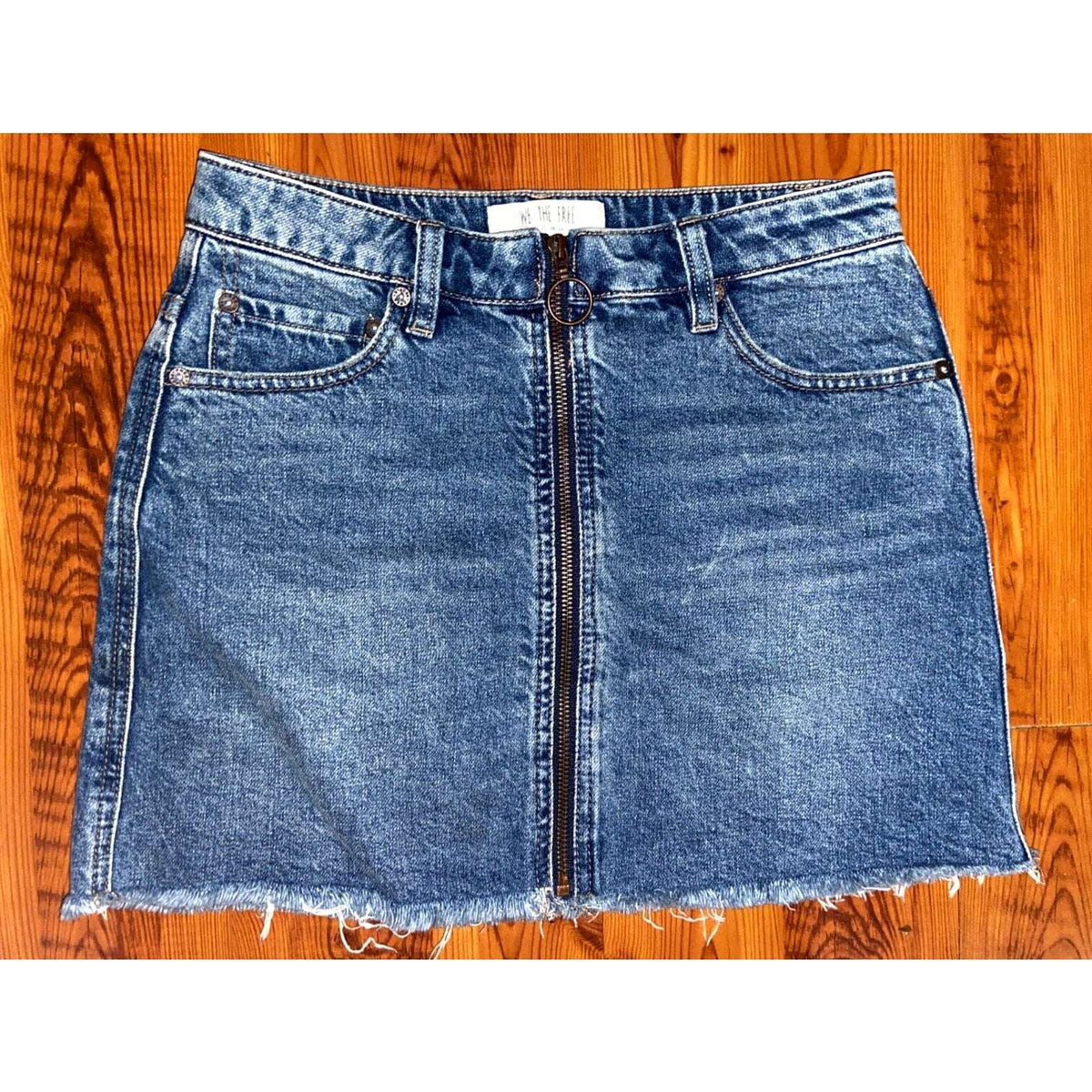 We The Free Free People Front Zip Mini Distress Fray Hem Denim Skirt Size 25