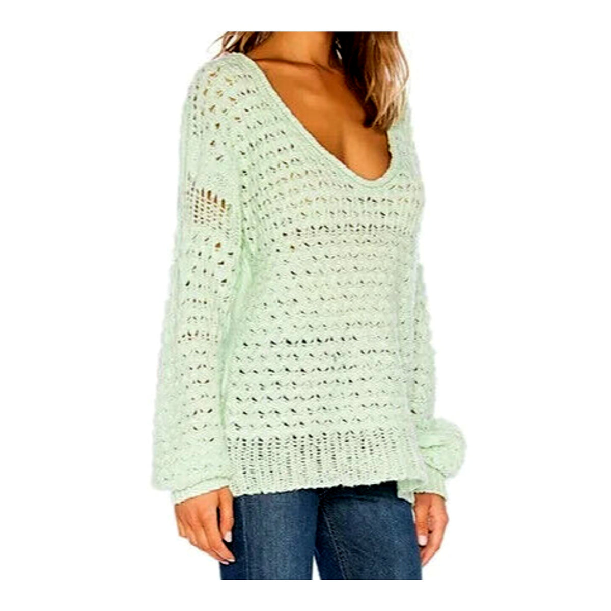 Free People Crashing Waves Mint Green Over Sized Off Shoulder Sweater Sz Small