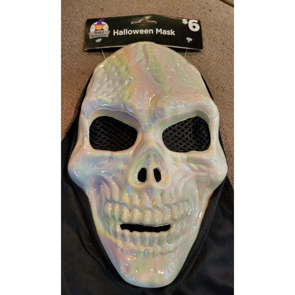 Halloween Costume Rare White Iridescent Reaper Plastic Mask w/ head cape