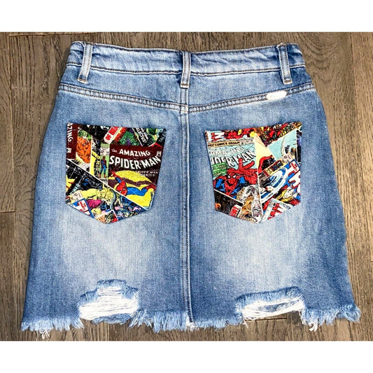 Marvel Superhero KanCan Signature Distressed Denim Jean Skirt Size XS