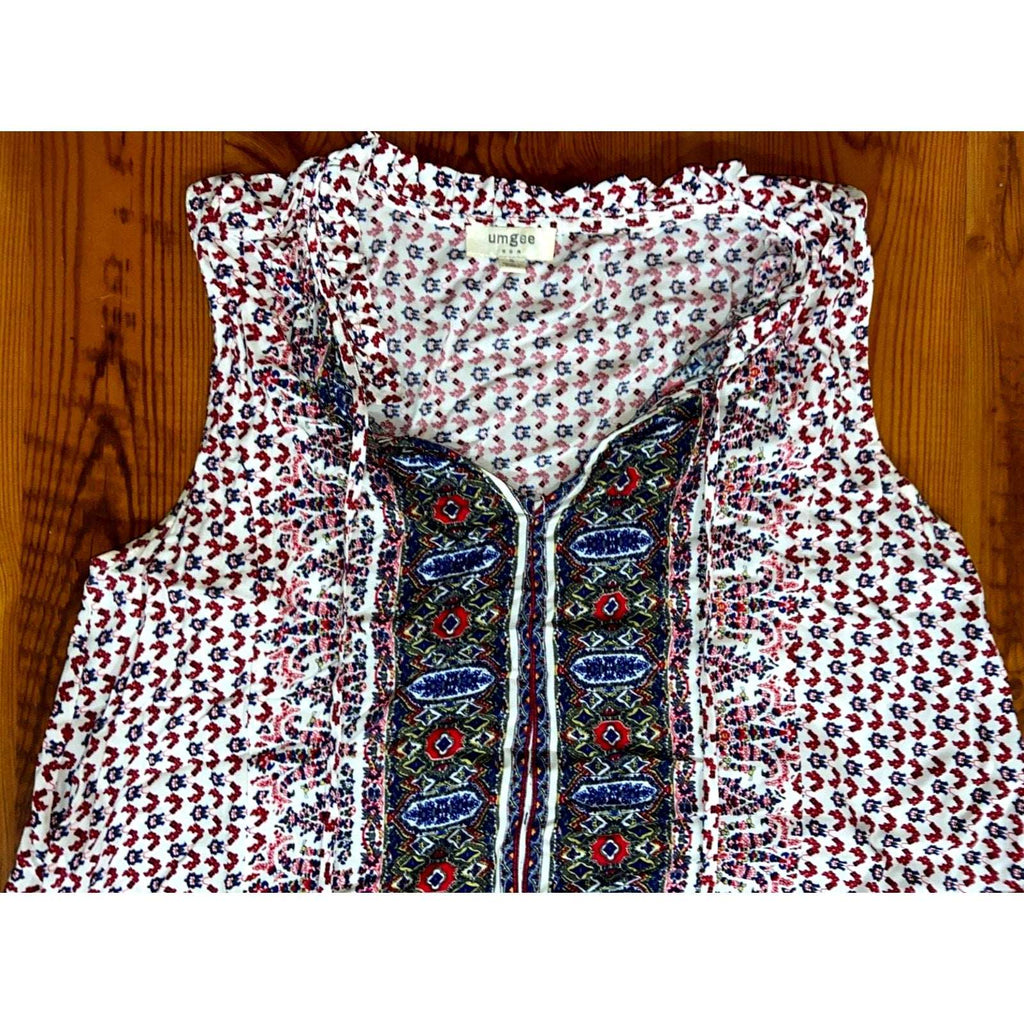 UMGEE Paisley Floral Boho Hippie Sleeveless Ruffle Tie Neck Shift Dress Sz S