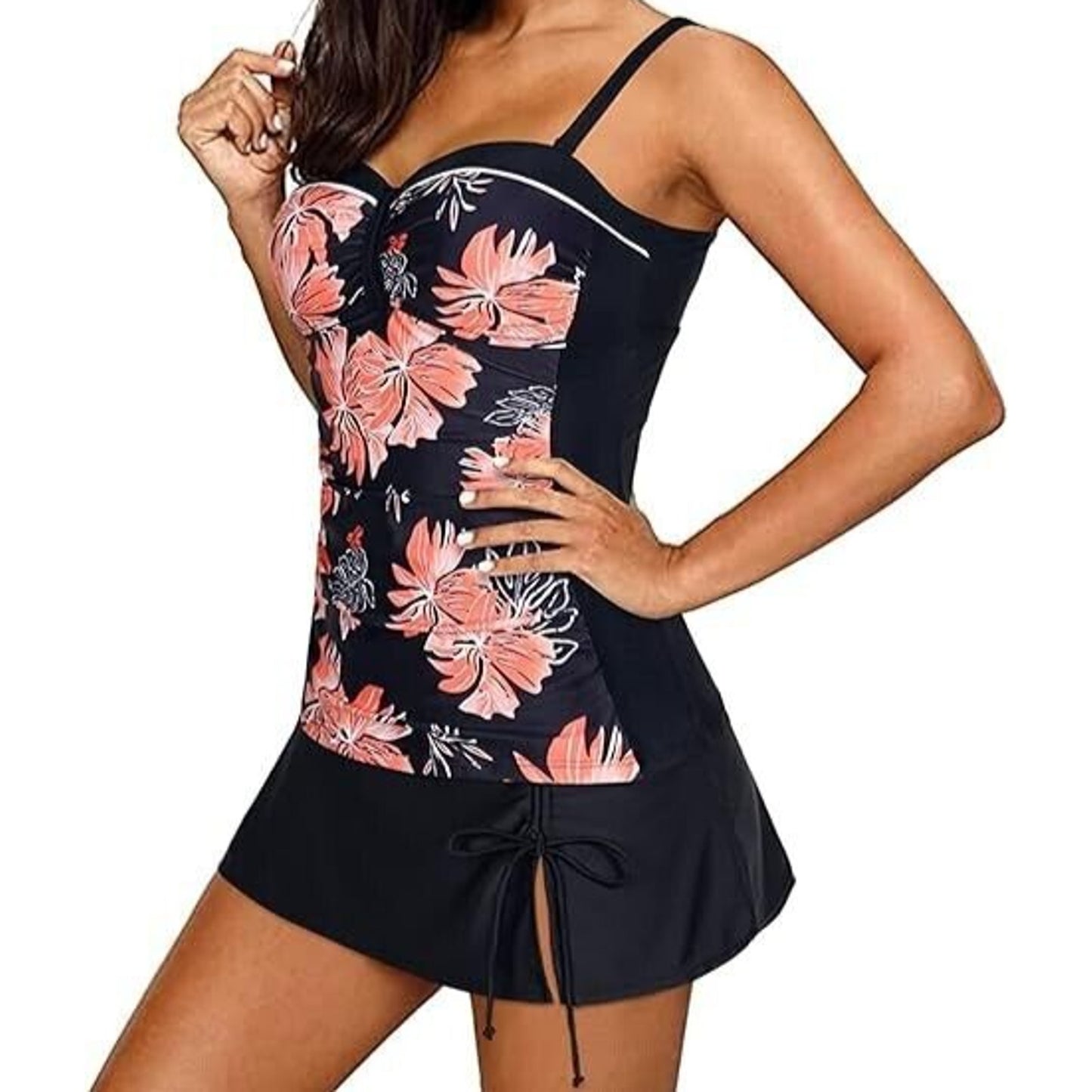 Yonique Women's Black Floral Tankini Swimsuits with Skirt Two Piece Size M