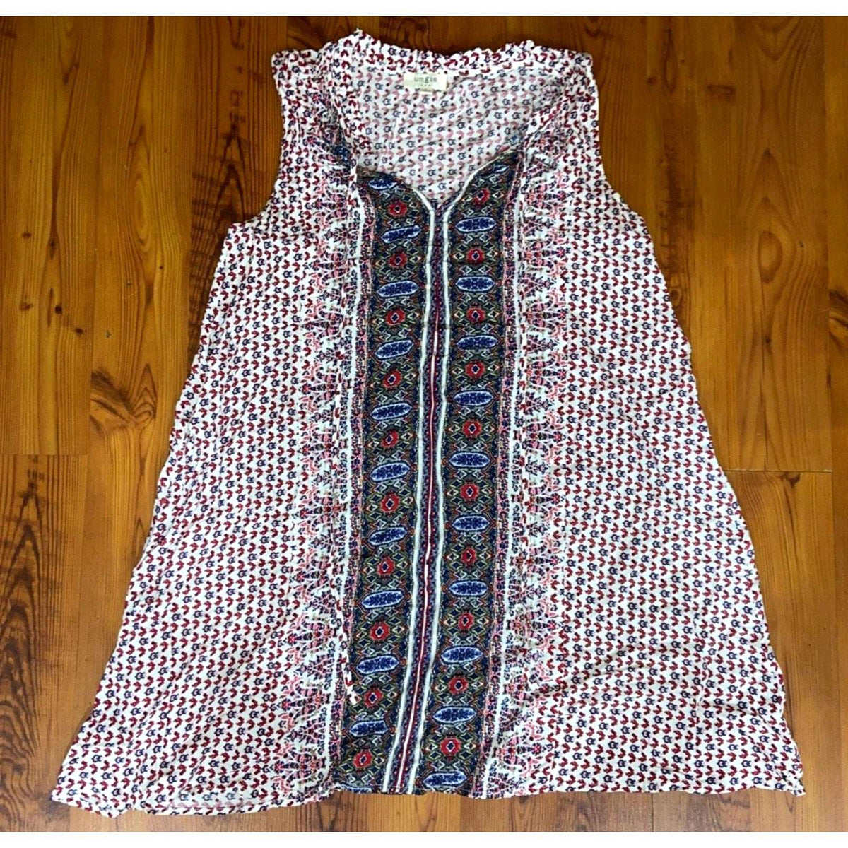 UMGEE Paisley Floral Boho Hippie Sleeveless Ruffle Tie Neck Shift Dress Sz S