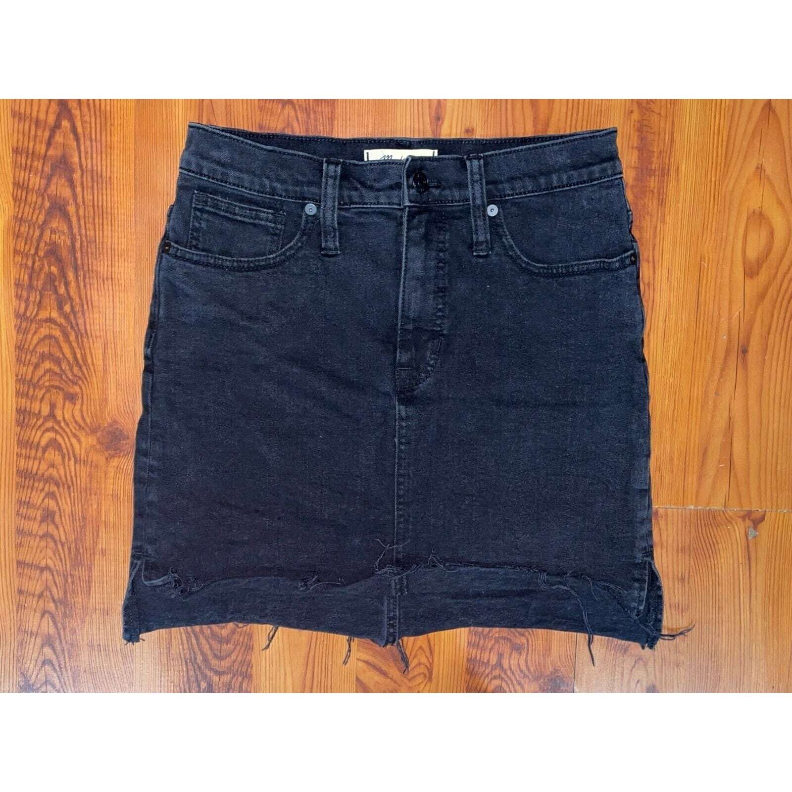 MADEWELL Size 26 Black Skirt Step Hem Fray Distressed Hem Black Denim Jean Skirt