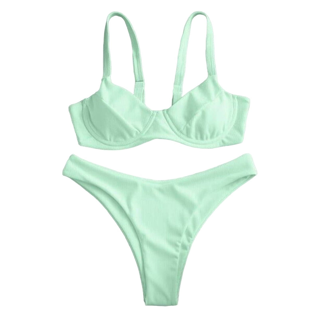 ZAFUL Light Green Ribbed High Leg Tie Back 2 Piece Bikini Size 8 Womens NEW!