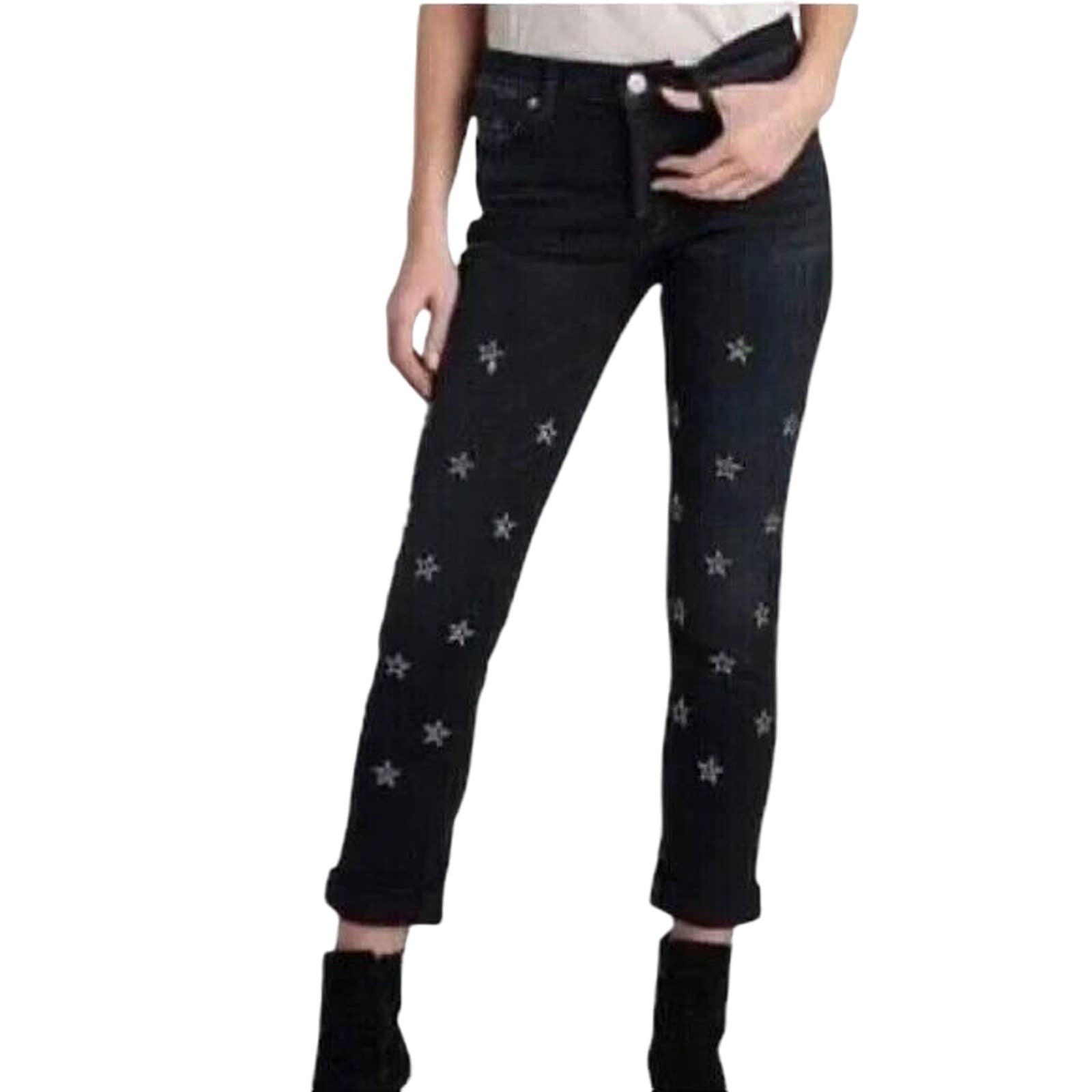 Hudson Riley Crop Relaxed Straight Metal Stars Black Fade Jeans Sz 27