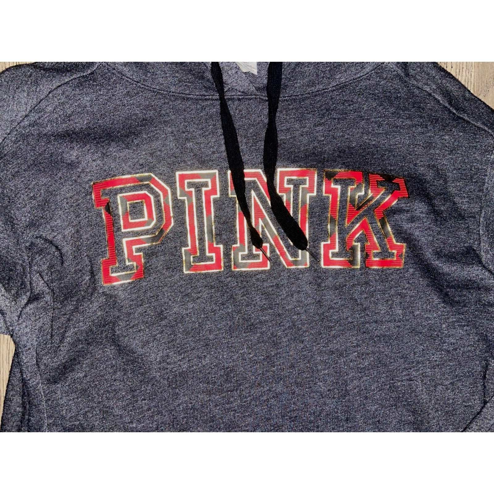 PINK Gray Red & Gold Logo Hoodie Pullover Style Sweatshirt Size S Small