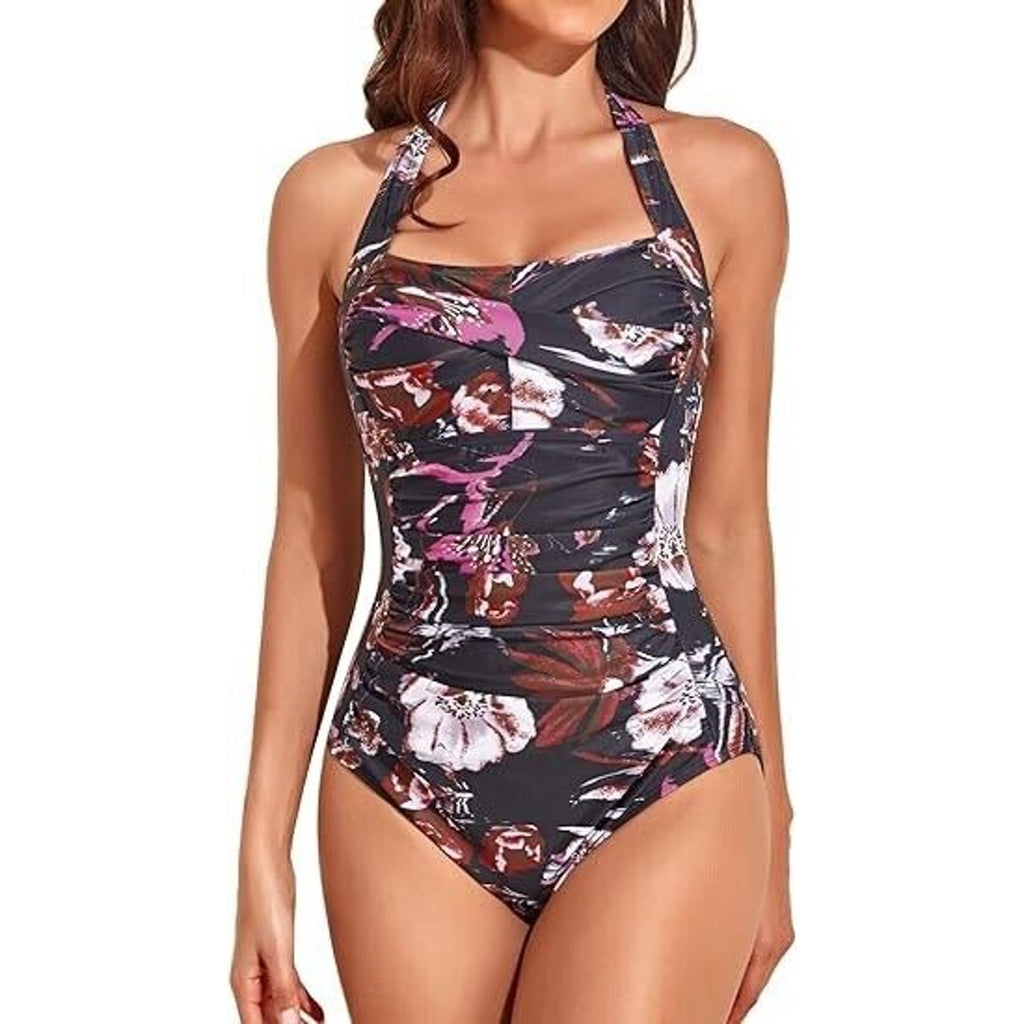 Smismivo Tummy Control Halter One Piece Ruched Slimming Vintage Retro Swimsuit L