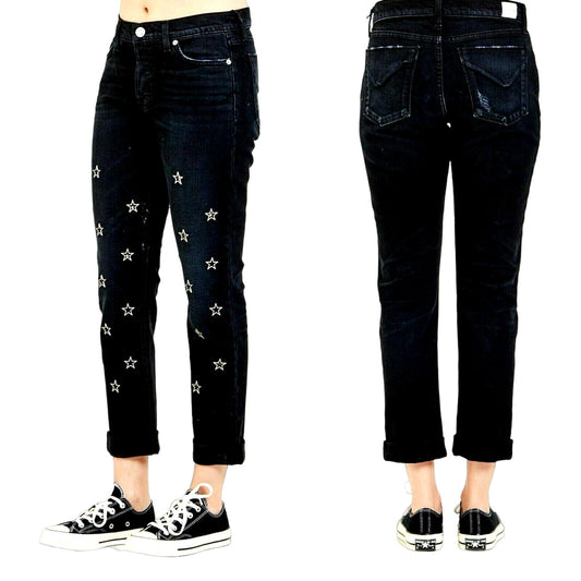 Hudson Riley Crop Relaxed Straight Metal Stars Black Fade Jeans Sz 27