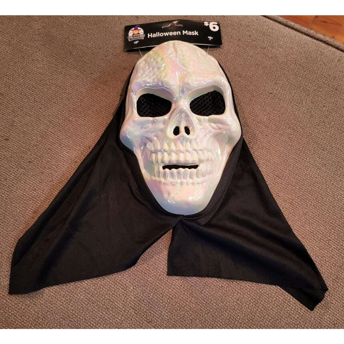 Halloween Costume Rare White Iridescent Reaper Plastic Mask w/ head cape