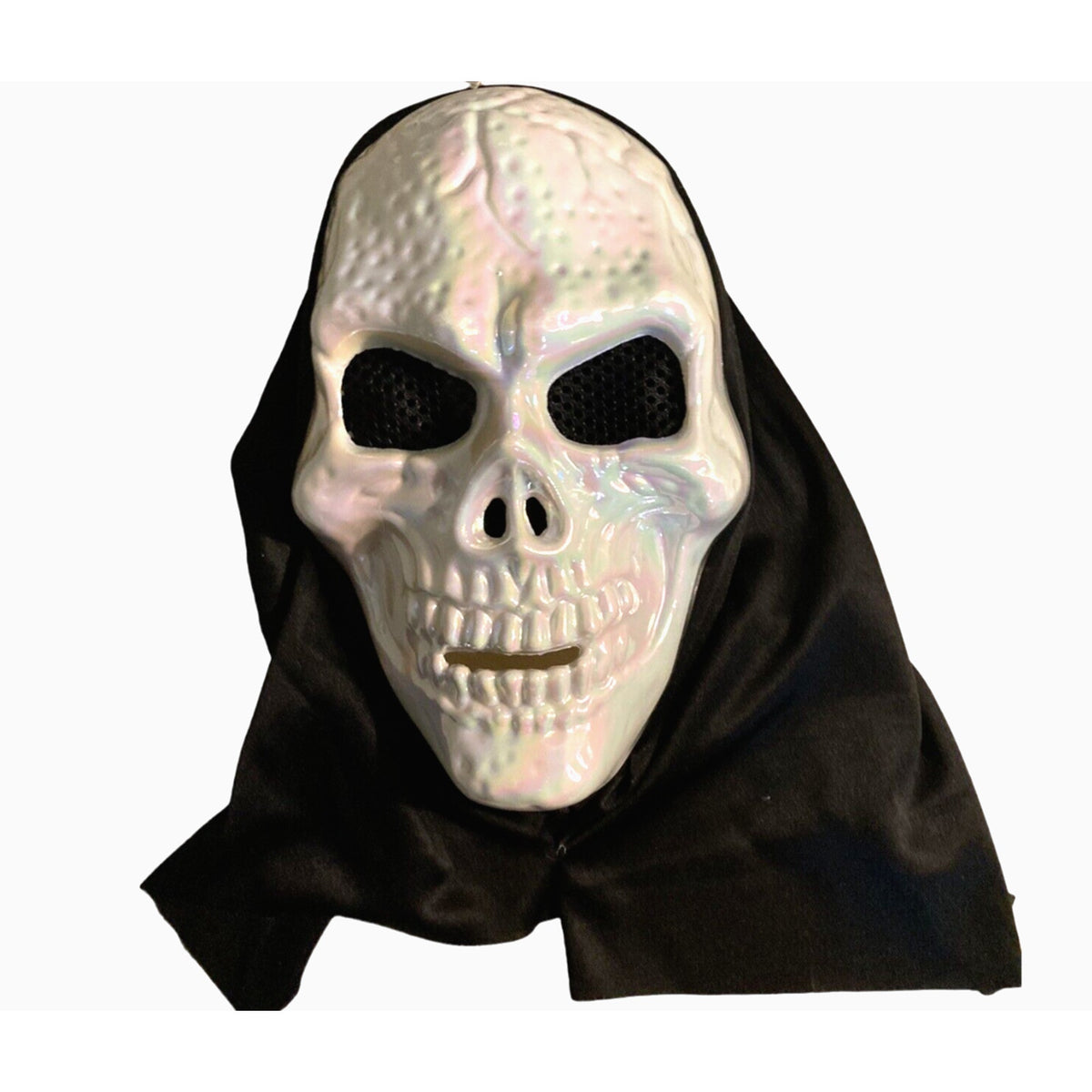 Halloween Costume Rare White Iridescent Reaper Plastic Mask w/ head cape
