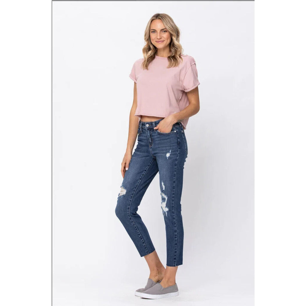 Judy Blue Relaxed Fit Skinny Leg Ripped Distressed Raw Fray Hem Jean Size 3 / 26