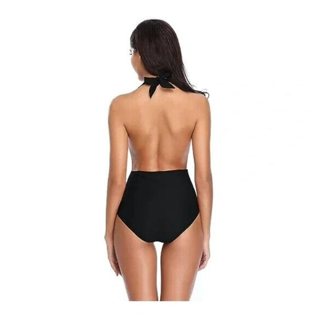 Shekini Black Retro Deep V-Neck Backless High Waisted One Piece Swimsuit Size M
