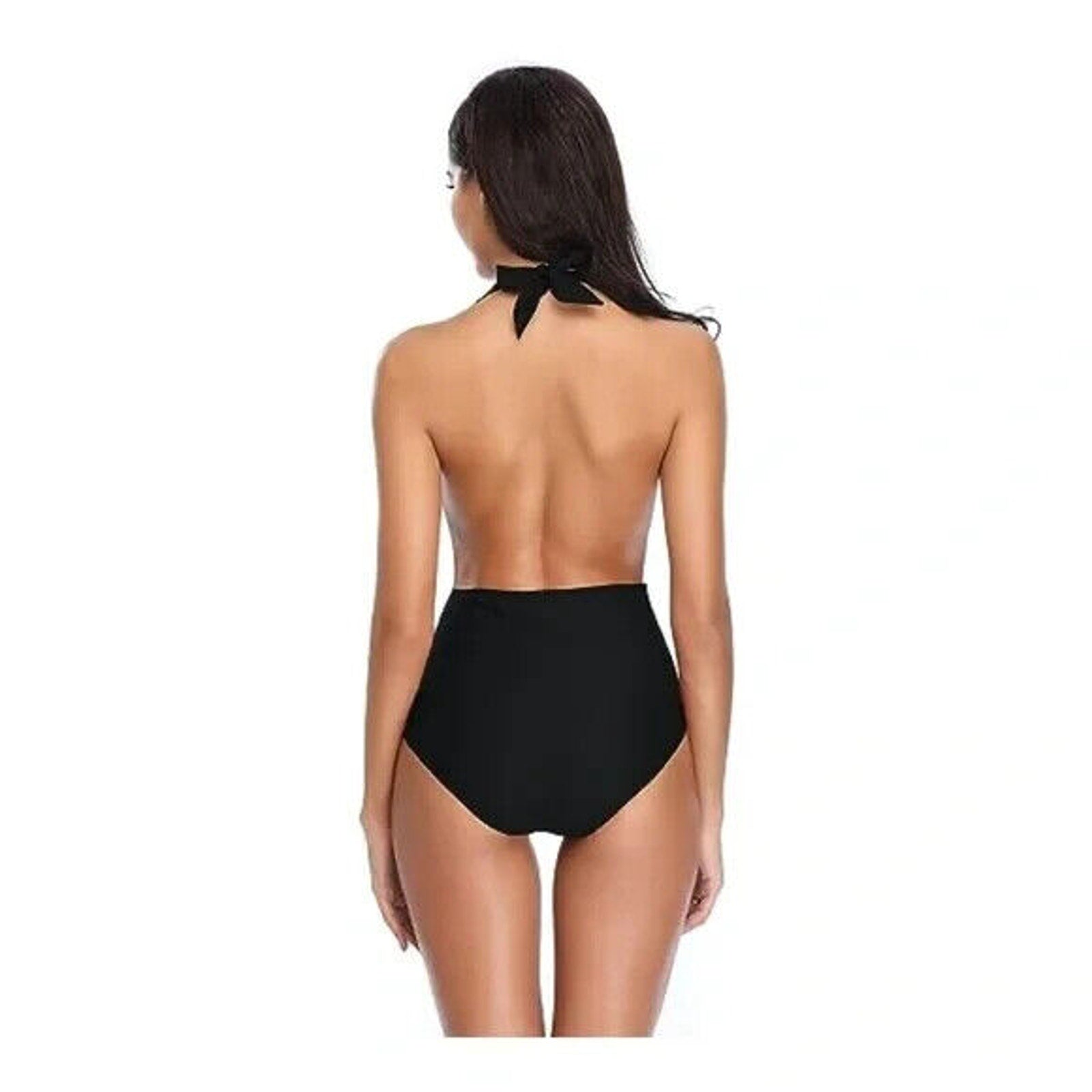Shekini Black Retro Deep V-Neck Backless High Waisted One Piece Swimsuit Size M