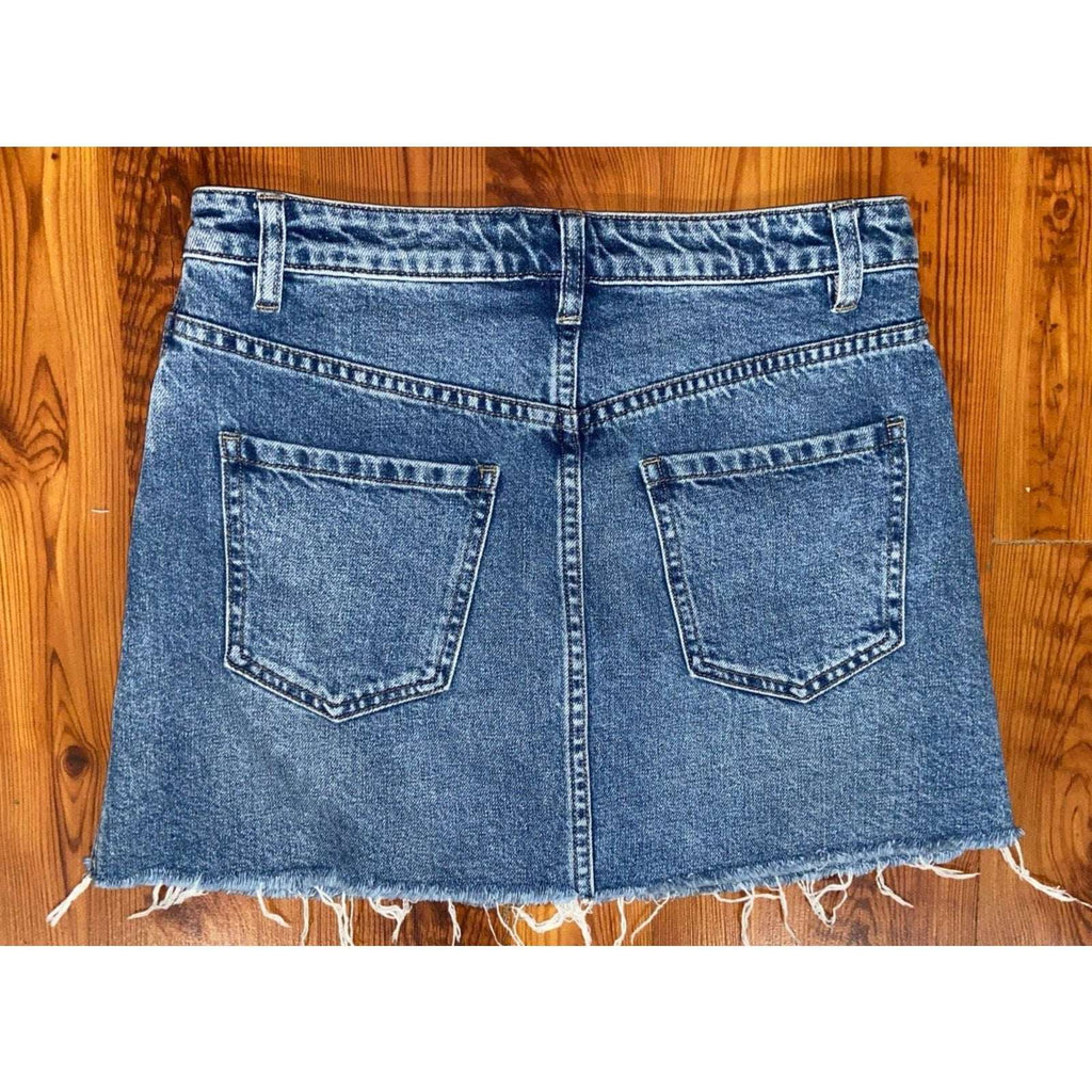 WE THE FREE Front Zip Mini Distressed Fray Hem Denim Jean Skirt Sz 26