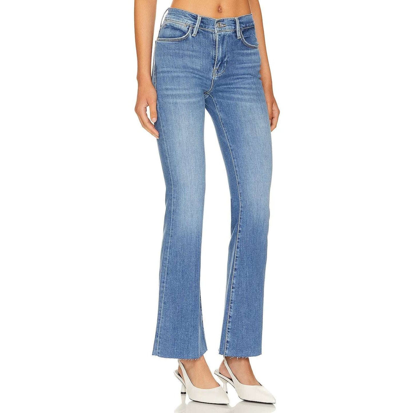 FRAME Le High Rise Flare Undone Raw Fray Hem Jeans in Columbus Blue Size 32