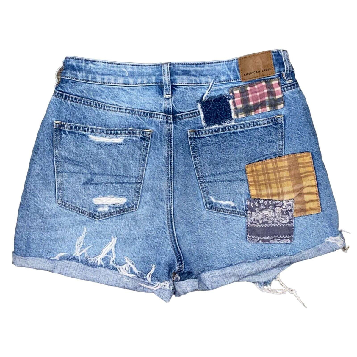 American Eagle Mom Patchwork Distressed Cuffed Cut Off Denim Jean Shorts Size 4