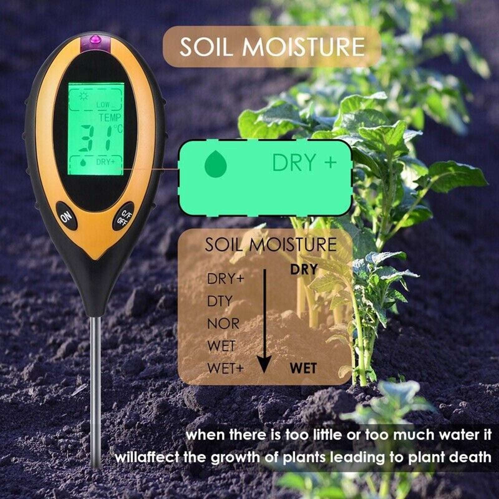 4-in-1 Soil Tester Meter Garden Lawn Plant Moisture/Light/Ph/Temp Sensor Tool