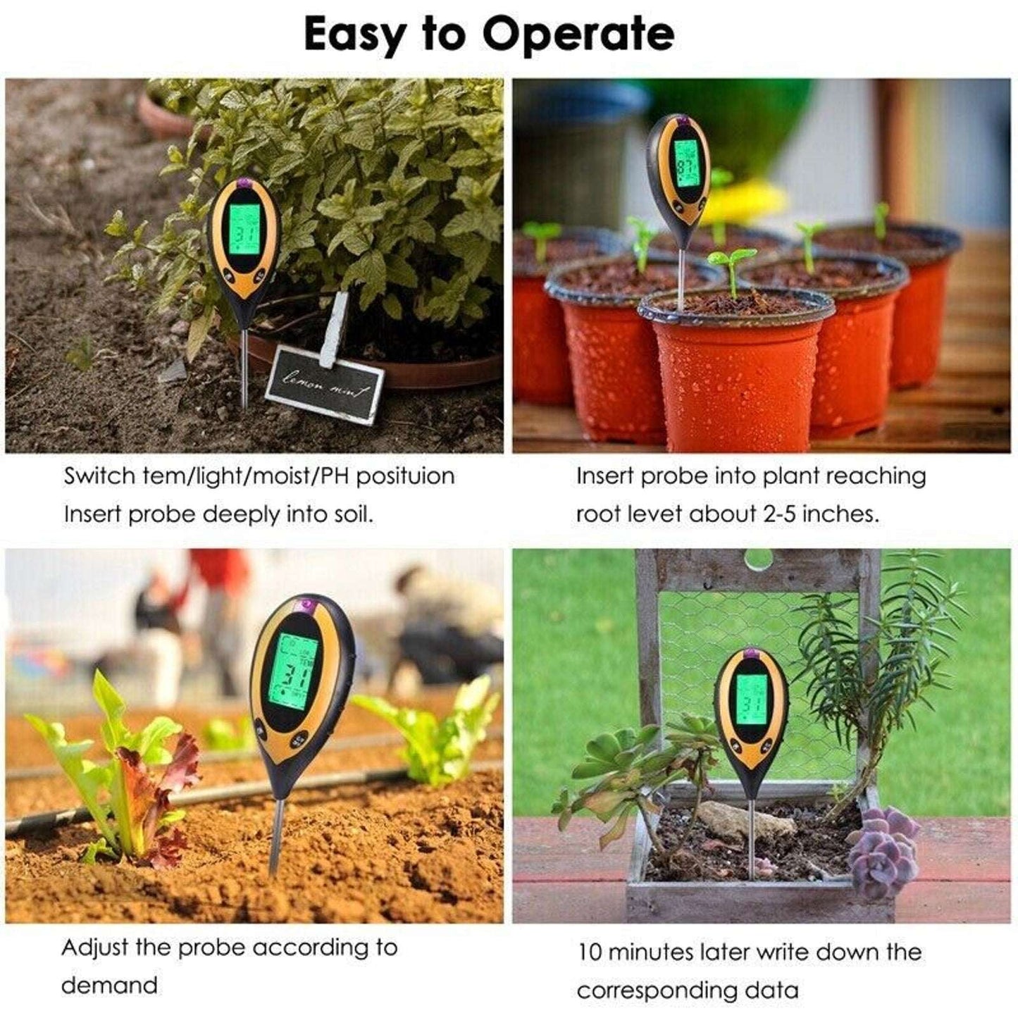 4-in-1 Soil Tester Meter Garden Lawn Plant Moisture/Light/Ph/Temp Sensor Tool