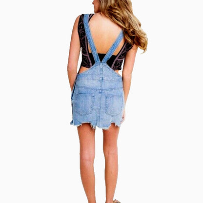 FREE PEOPLE Distressed Overall Denim Jean Dress w/ Frayed Hem Size 4