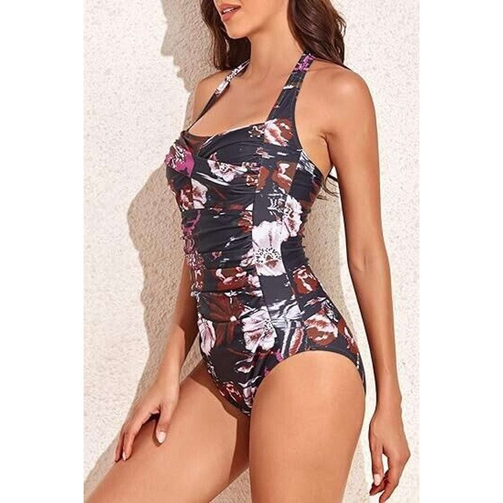 Smismivo Tummy Control Halter One Piece Ruched Slimming Vintage Retro Swimsuit L