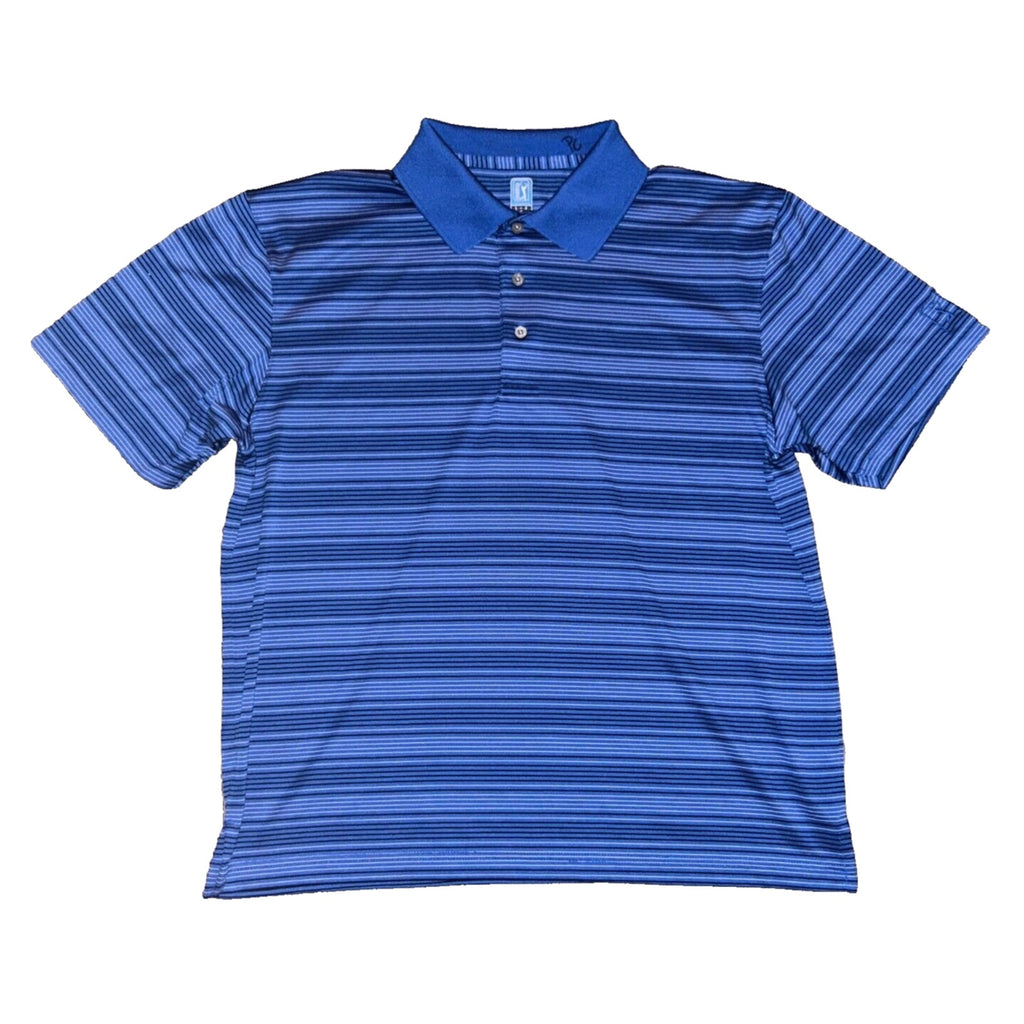PGA Tour Blue w Black & Gray Stripes Polo Shirt Size L Large Men's Golf Preppy