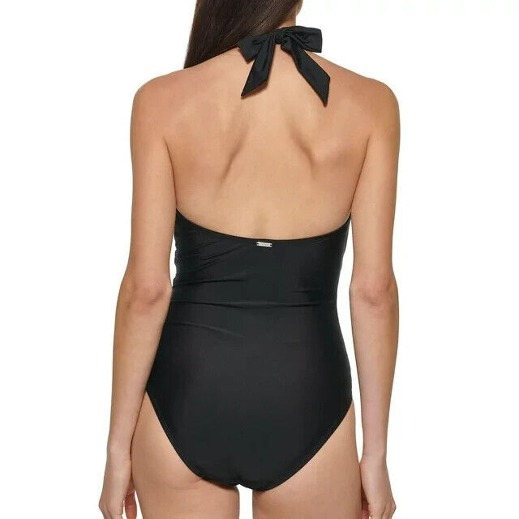 DKNY Black One Piece Tummy Control Halter Swimsuit X-Large XL New $118