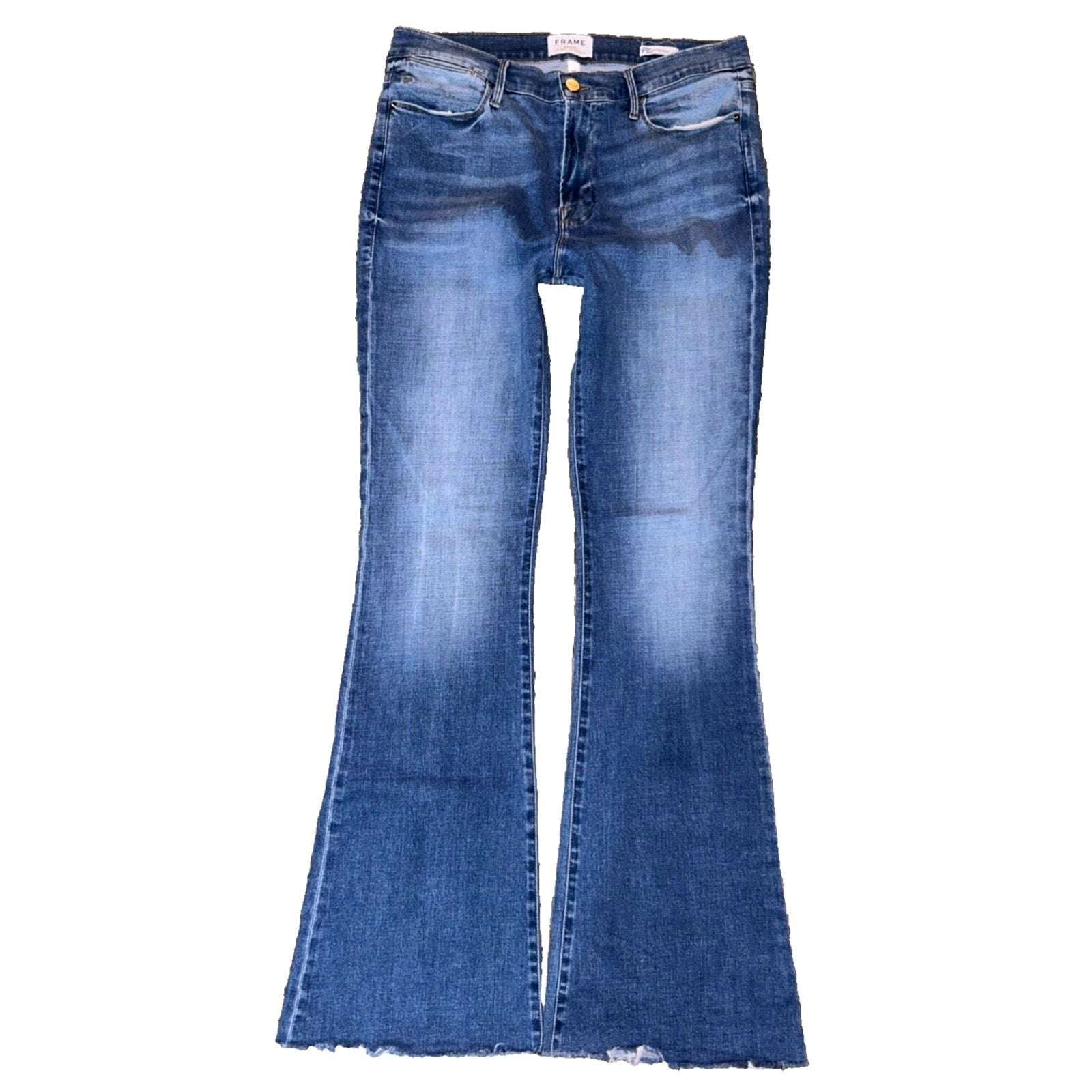 FRAME Le High Rise Flare Undone Raw Fray Hem Jeans in Columbus Blue Size 32