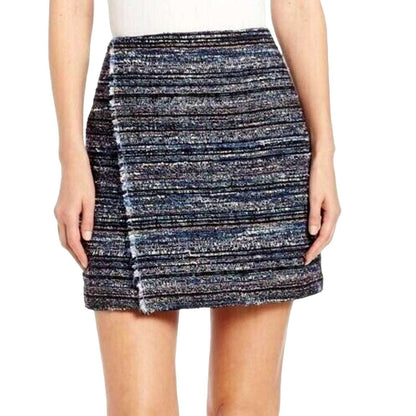Diane Von Furstenberg DVF Austyn Black Indigo Camellia Tweed Faux Wrap Skirt 8