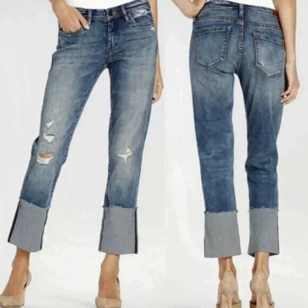 BLANK NYC Deep Cuff Straight Leg Distressed Ripped Knee Jeans Size 27