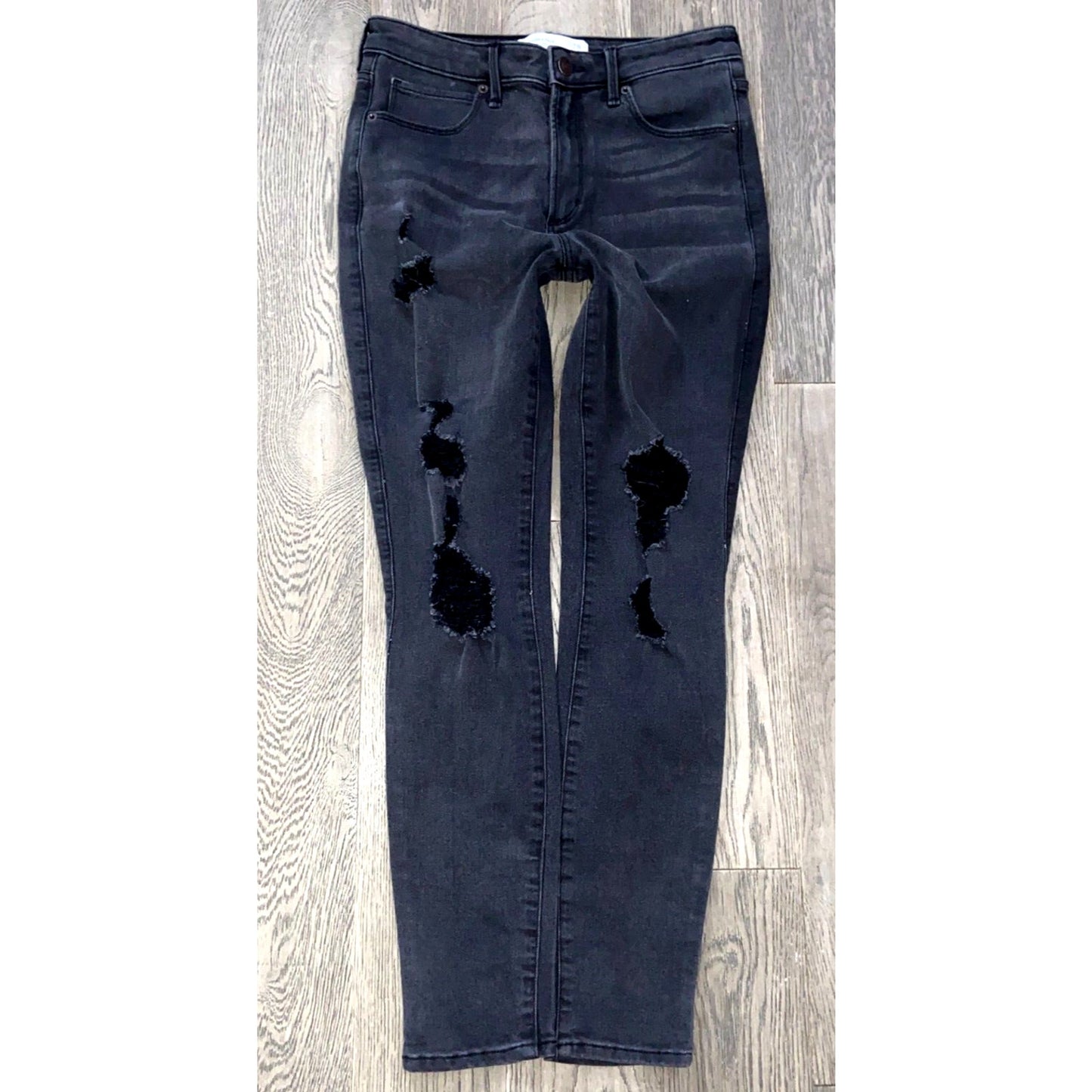 A&F Abercrombie Super Skinny High Rise Ripped Distressed Black Fade Jeans Size 6