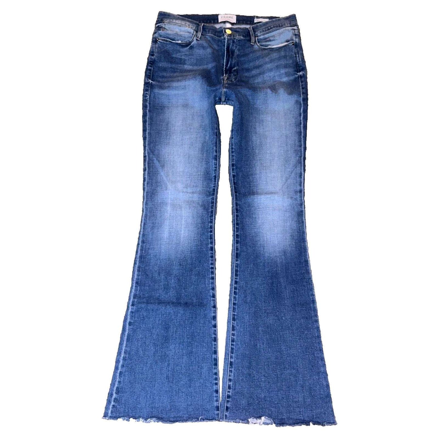 FRAME Le High Rise Flare Undone Raw Fray Hem Jeans in Columbus Blue Size 32